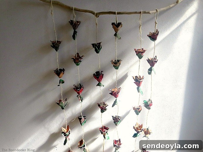 Finished piece hanging on the wall, How to Make Easy Fall Flowers using Egg Cartons