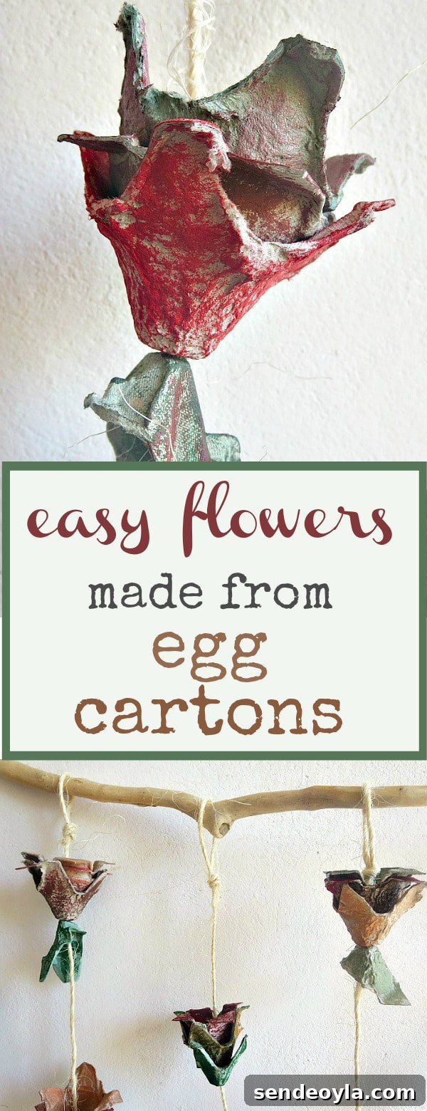 A collage showing a finished egg carton flower and it hanging as wall art.