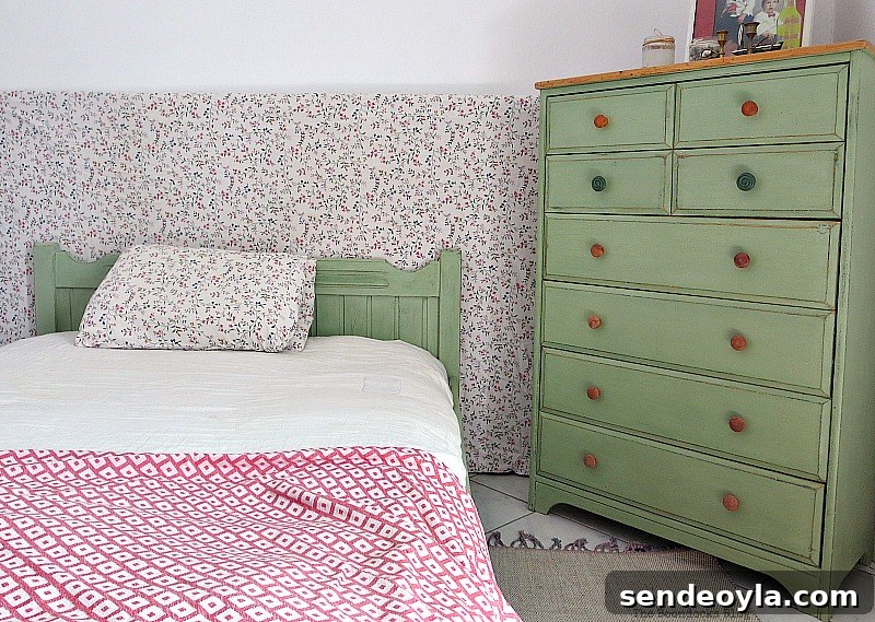 The finished bed next to the dresser, How to Makeover an Old Wooden Bed Frame