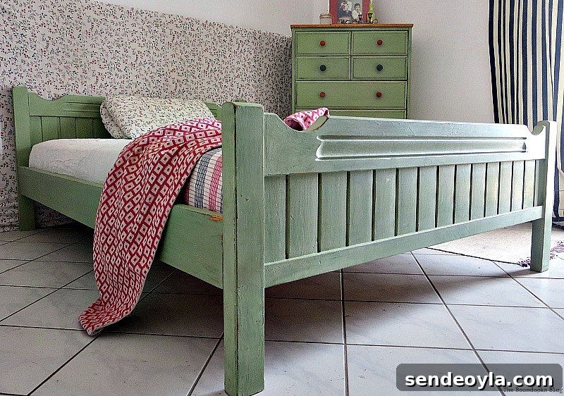 The whole bed in soft green color, How to Makeover an Old Wooden Bed Frame