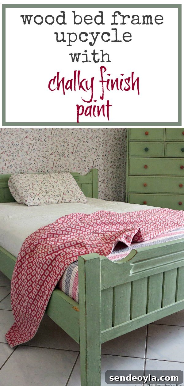 A bed frame painted with DecoArt chalky finish paint to match the Ikea dresser