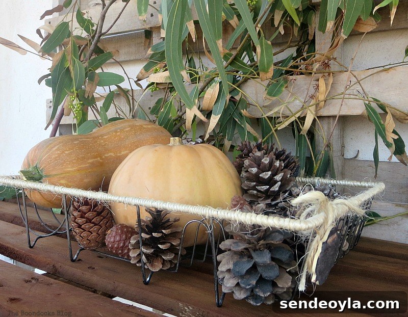 Vignette in wire dish rack, Easy DIY Fall Eucalyptus Vignette www.theboondocksblog.com