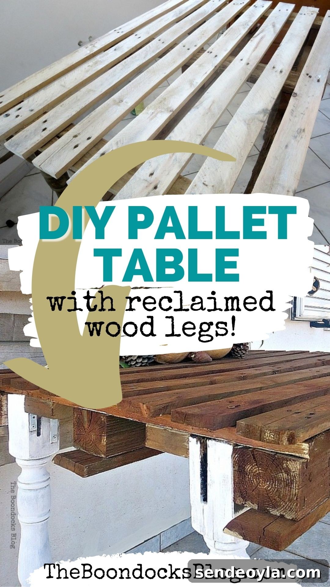 How to Build a Pallet Table with Reclaimed Wood Legs 12 Collage of before and after images of a DIY pallet table.