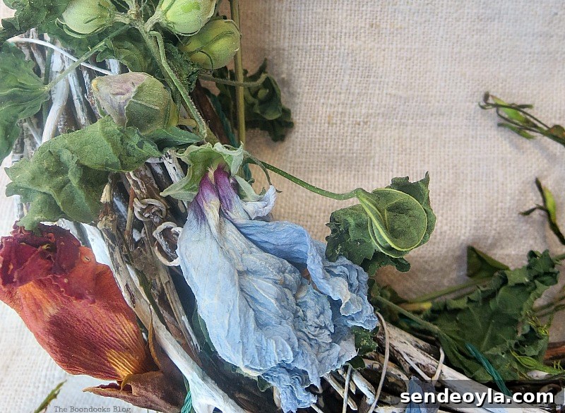 Blue dried flowers on a wreath