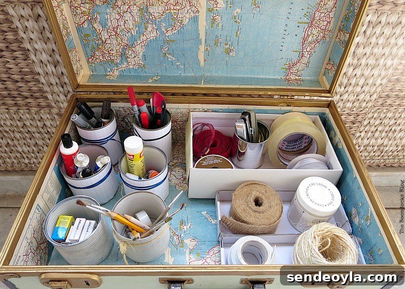 Vintage Suitcase filled with craft supplies, What's Inside the Vintage Suitcase? www.theboondocksblog.com
