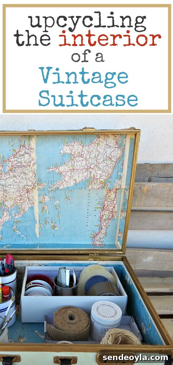 Upcycling the interior of a vintage suitcase #upcycle #repair #metalvintagesuitcase #decoupage #modpdoge #oldmaps #storage #organizing What's Inside the Vintage Suitcase?www.theboondocksblog.com