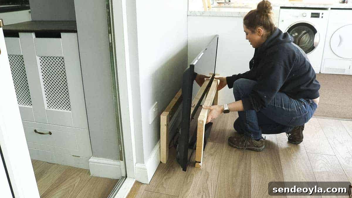 DIY TV Stand from Scrap Wood: Step-by-Step Guide 11 Placing timber around an LED TV to work out what depth to cut wooden slats (AKA battens or noggins)