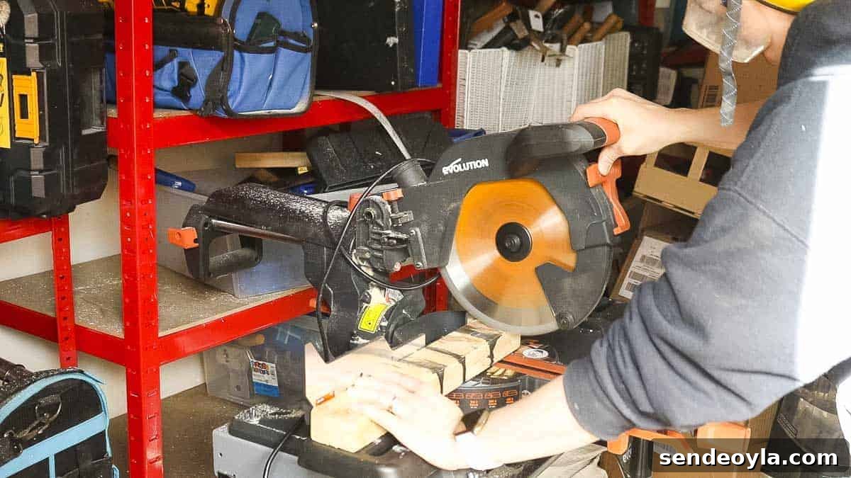 DIY TV Stand from Scrap Wood: Step-by-Step Guide 7 Cutting structural timber with Evolution mitre saw on stand