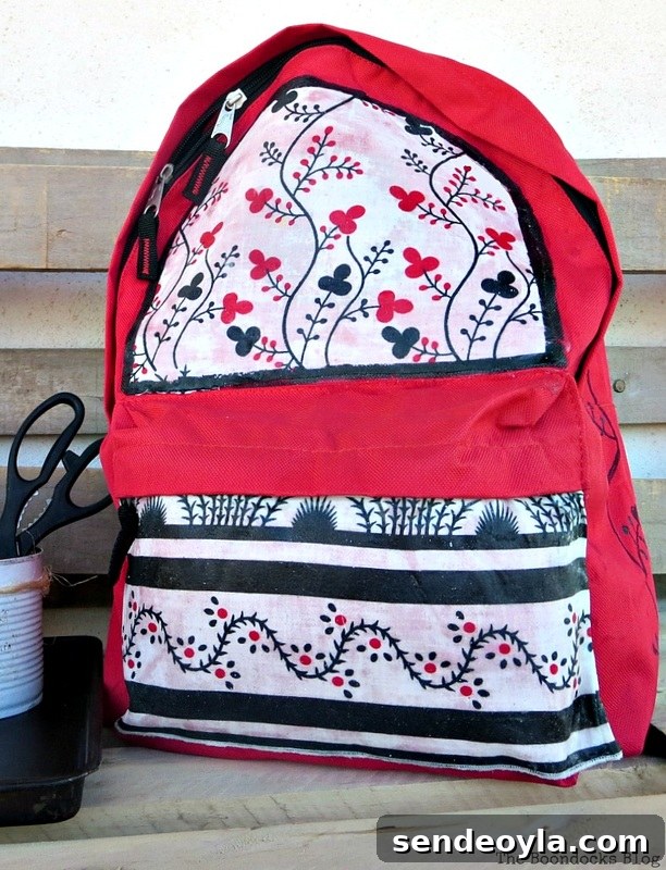 DIY Upcycled Backpack from Old Clothes 17 Completed DIY backpack makeover with upcycled clothing