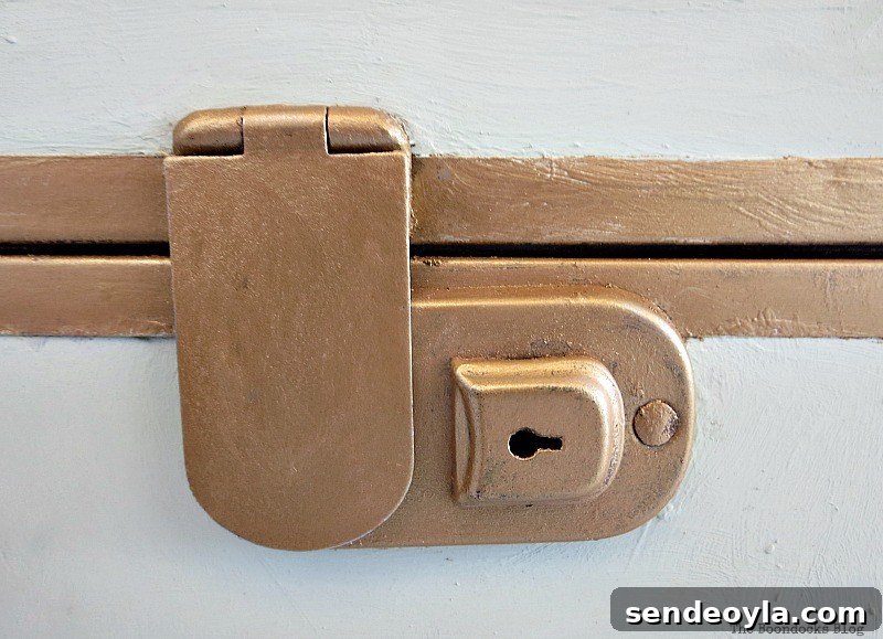 Transform a Vintage Suitcase into Chic Home Storage 12 Close up of gold painted clasp.