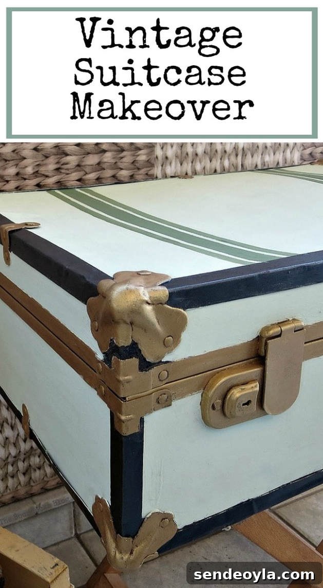 Transform a Vintage Suitcase into Chic Home Storage 21 Vintage suitcase makeover overlay with a close up of the painted vintage suitcase.