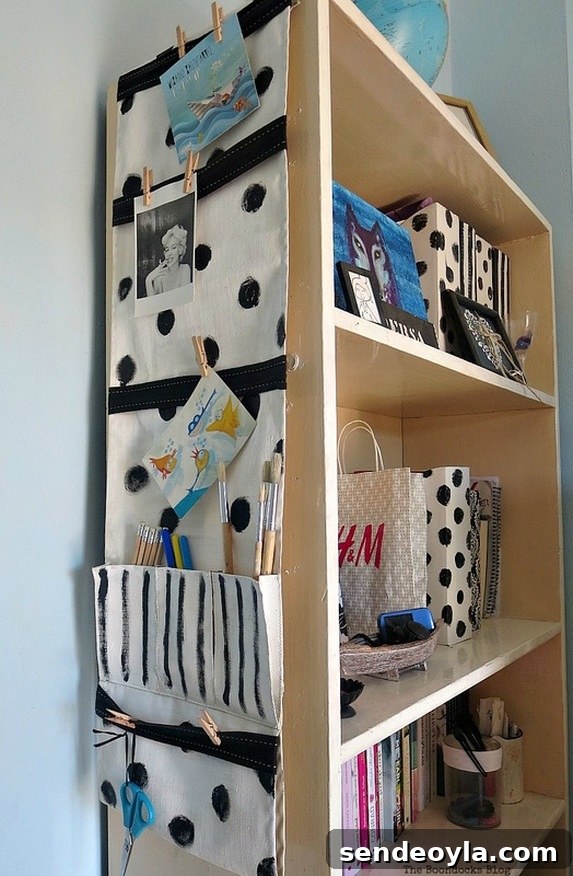 DIY Hanging Organizer for Back-to-School Supplies 14 The organizer hanging on the side of the bookcase, How to make a back to school hanging organizer, Back to School blog Hop www.theboondocksblog.com