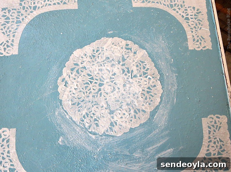 Before it has dried, The Doily Top Side Table www.theboondocksblog.com