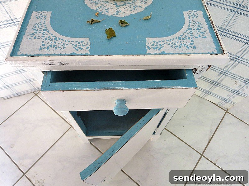 Opened drawer and door of the side table, The Doily Top Side Table www.theboondocksblog.com