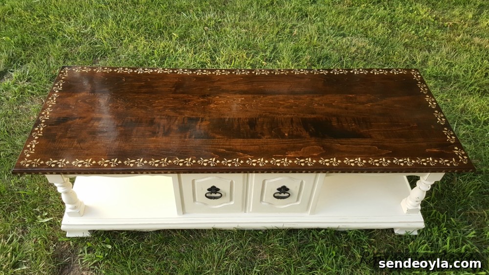 DIY Curbside Coffee Table Makeover 10 Finished coffee table with stenciled top