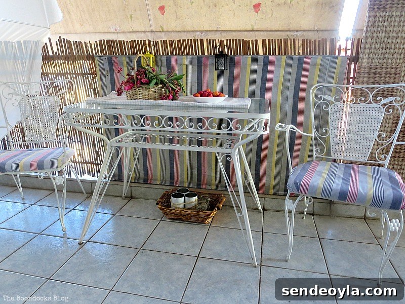 A table and two chairs, A Tour of the Balcony, Part 1 www.theboondocksblog.com