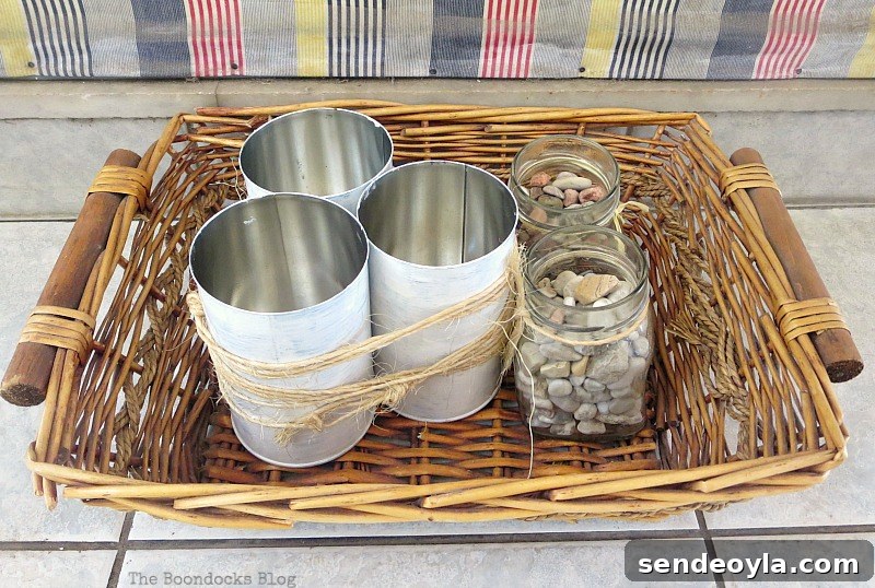 Basket with cans and jars, A Tour of the Balcony, Part 1 www.theboondocksblog.com