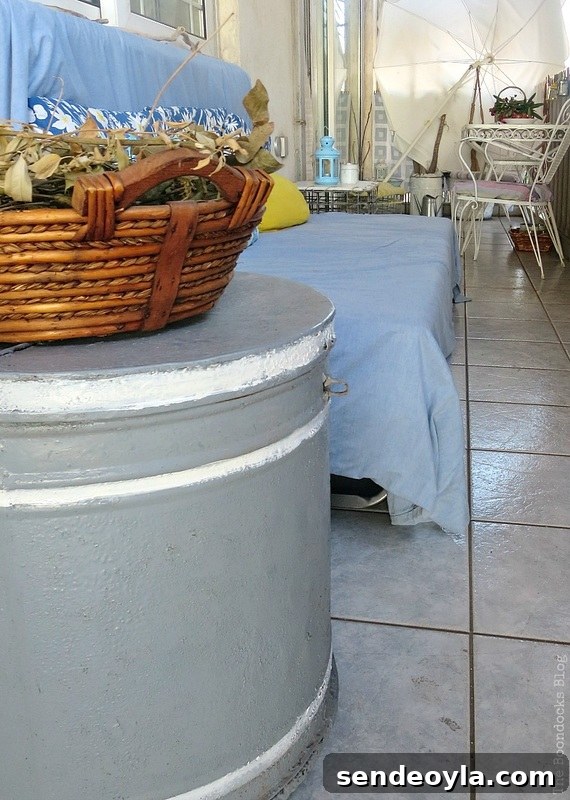 Olive oil Barrel as a side table, A Tour of the Balcony, Part 1 www.theboondocksblog.com