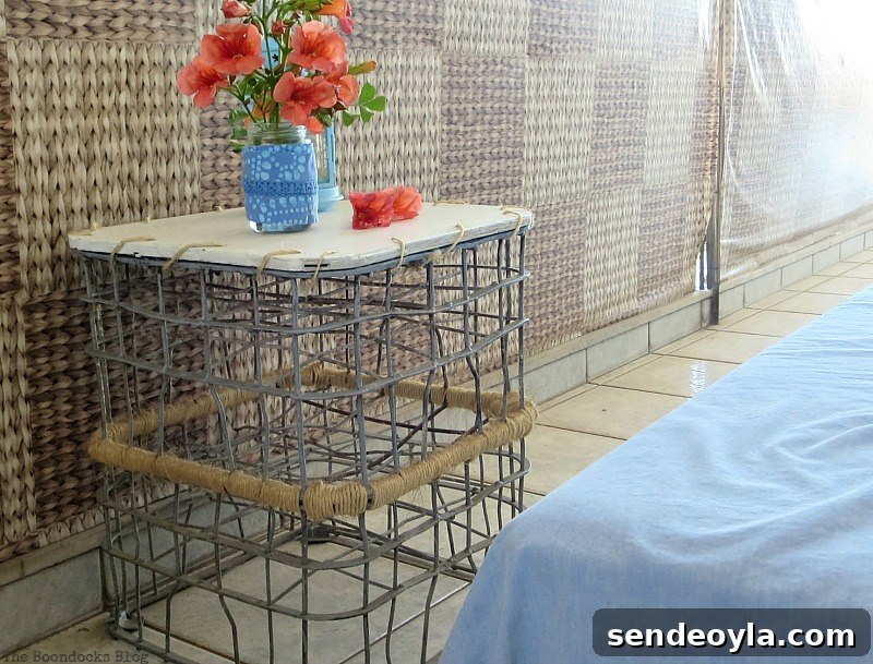 A Milk crates used as a table, A Tour of the Balcony, Part 1 www.theboondocksblog.com