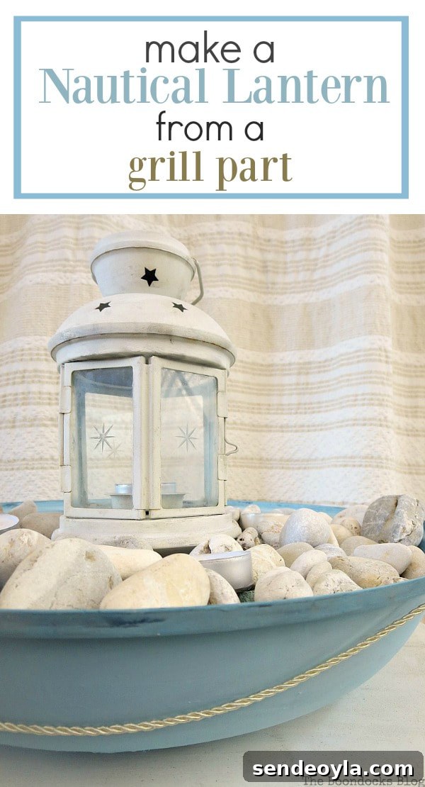 Upcycle a Grill into a Nautical Lantern 19 Nautical lantern on top of pebbles with tealights in a grill cover, #repurpose #DIYproject #grillmakeover #Lanternfromgrill #Summerbeachystyle #pebbles #easycraftsHow to make a Nautical Lantern from a Grill - Int'l Bloggers Club Challenge www.theboondocksblog.com