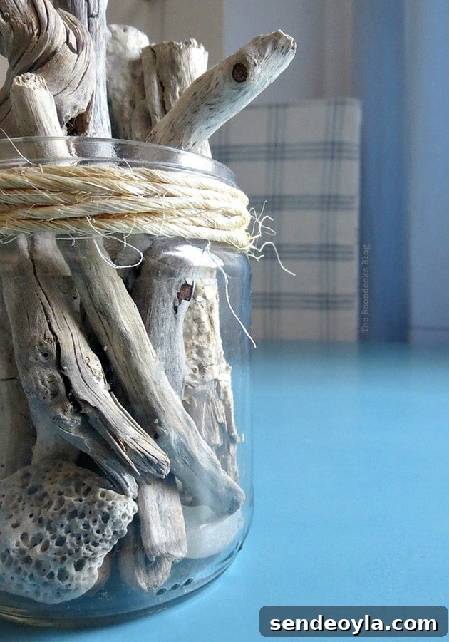 Detail of driftwood in glass jar on the table, Greek Beach Table - Int'l Bloggers Club Challenge