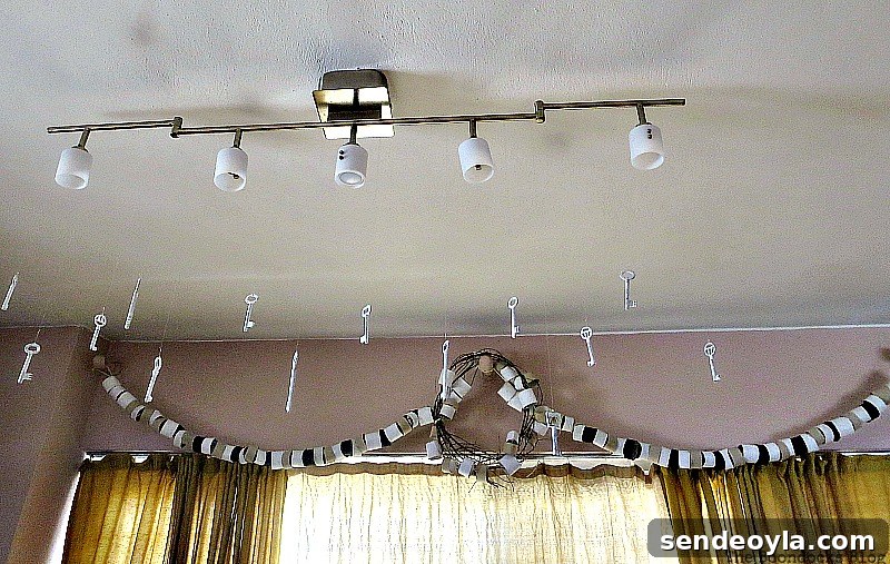 Paper roll garland and wreath across sliding door