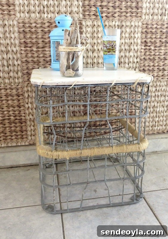 Milk Crate Table Upcycle: Stylish DIY Makeover 2 The finished wire milk crate table with a drinking cup, lantern and driftwood in a jar placed on top.