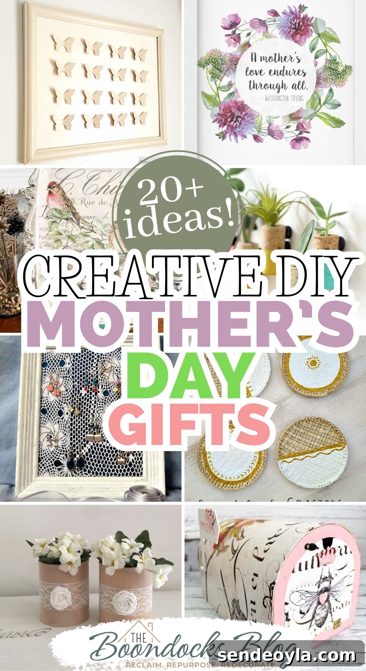 20 Creative DIY Mother's Day Gifts Mom Will Love 30 Collage of images showing DIY Mother's Day gift ideas such as framed art, diy coasters and upcycled vases.