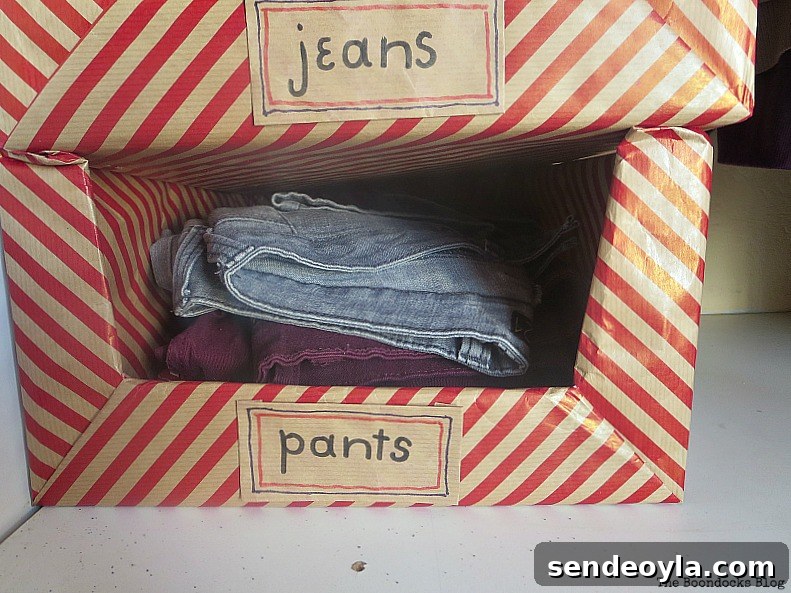 Pretty Boxes for Organizing Clothes in the Closet fitted on shelf