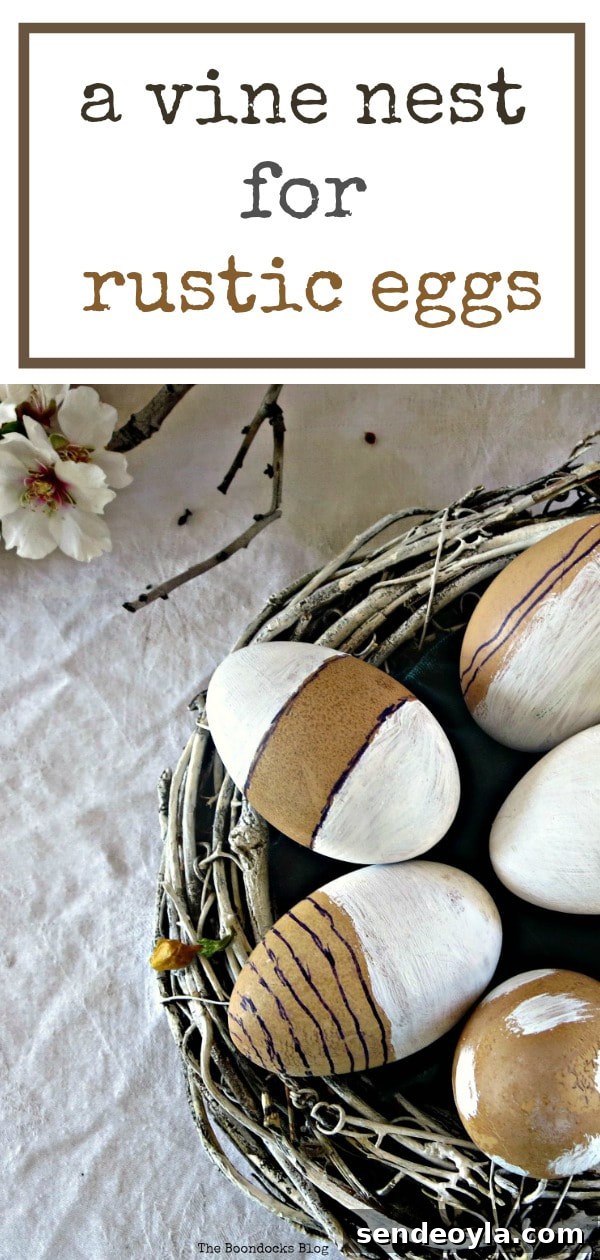 Using a vine wreath to create a nest for my rustic eggs #Eastereggs #RusticNest #EasterWreath #SpringCraft #Easycraft #Eastercraft #vinewreath #paintedwreath #SimpleEastercraft #eastercenterpiece A nest for my rustic eggs www.theboondocksblog.com