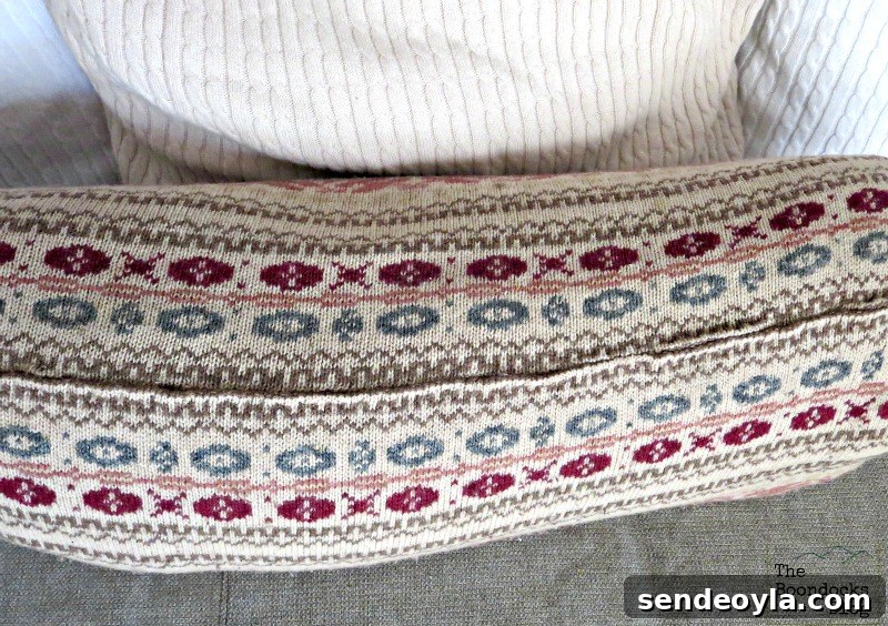 DIY Sweater Pillow Tutorial: Upcycle Old Sweaters 12 The sewed top of the pillow, Sweater pillows the easy way - www.theboondocksblog.com