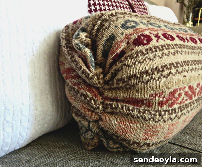DIY Sweater Pillow Tutorial: Upcycle Old Sweaters 13 Gathered end of pillow, Sweater pillows the easy way - www.theboondocksblog.com