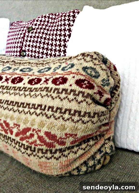 DIY Sweater Pillow Tutorial: Upcycle Old Sweaters 16 closeup Pin size, Sweater Pillows the easy way - www.theboondocksblog.com