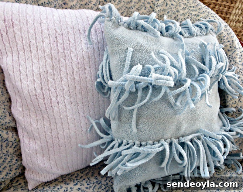 DIY Sweater Pillow Tutorial: Upcycle Old Sweaters 5 white vest pillow with fringed pillow, Sweater pillow the easy way - the boondocksblog.com