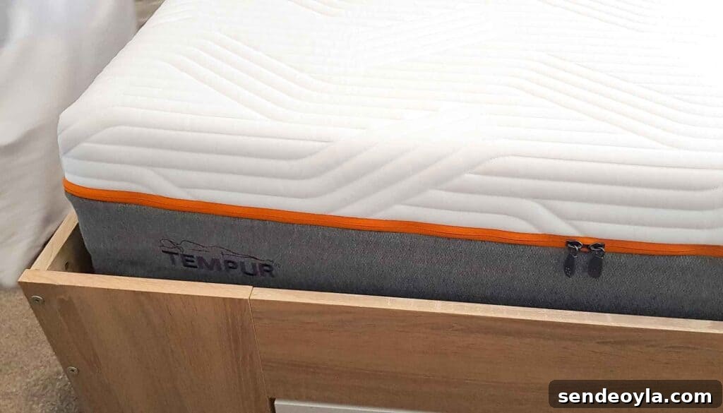 Close up of a double tempur cooltouch original elite 25 mattress.