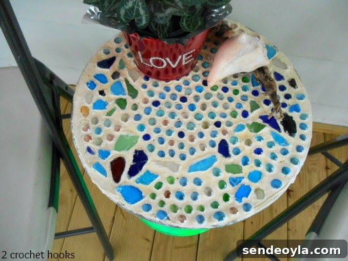 Top view of a sea glass mosaic table.