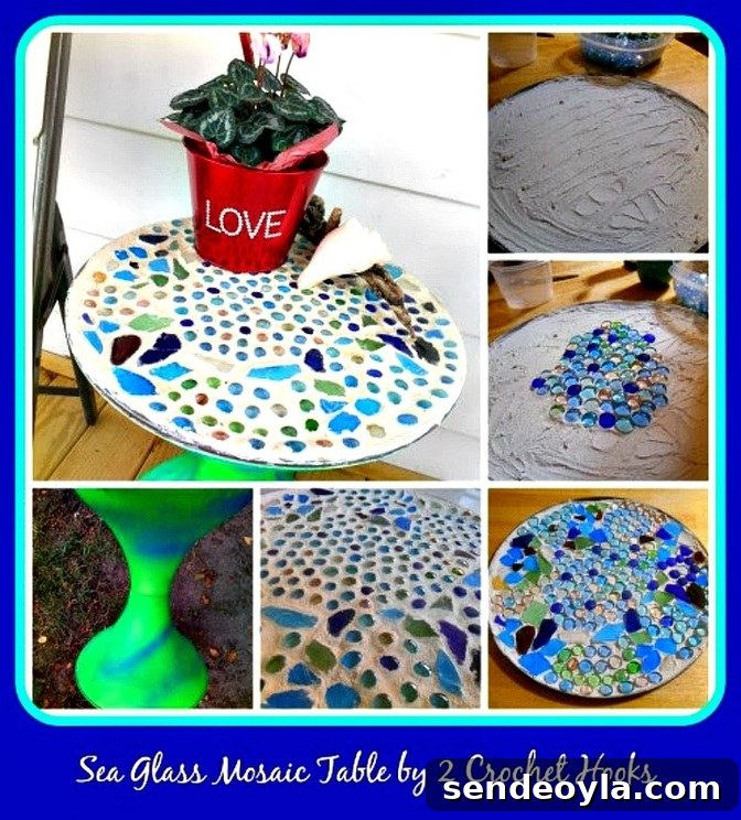 Collage of a sea glass mosaic table by 2 Crochet hooks guest post.