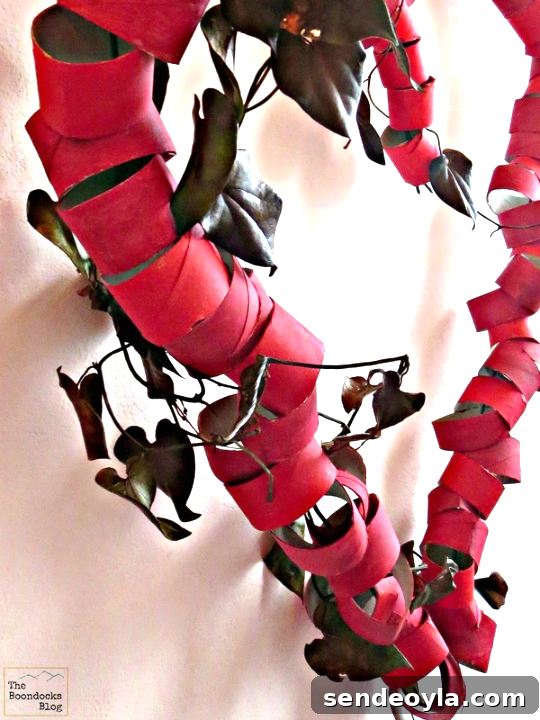 DIY Heart Wreath from Toilet Paper Rolls 8 A close up and side angle of the upcycled toilet paper roll heart wreath.