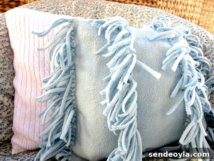 DIY Minimal-Sew Fleece Pillow 13 Cozy fleece pillow, upcycled from a scarf