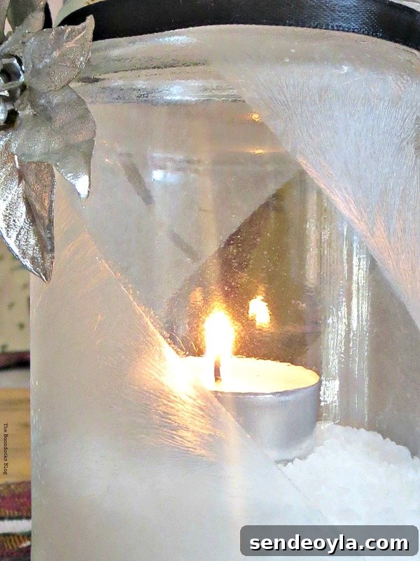 Lit tea light decorated with silver flower and crystal ice spray, the snow spray that wasn't - the boondocks blog