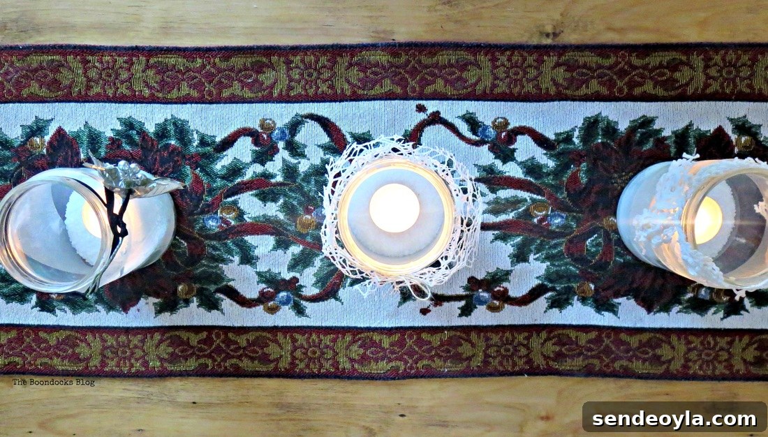 Overhead view of lit tea lights, the snow spray that wasn't - the boondocks blog
