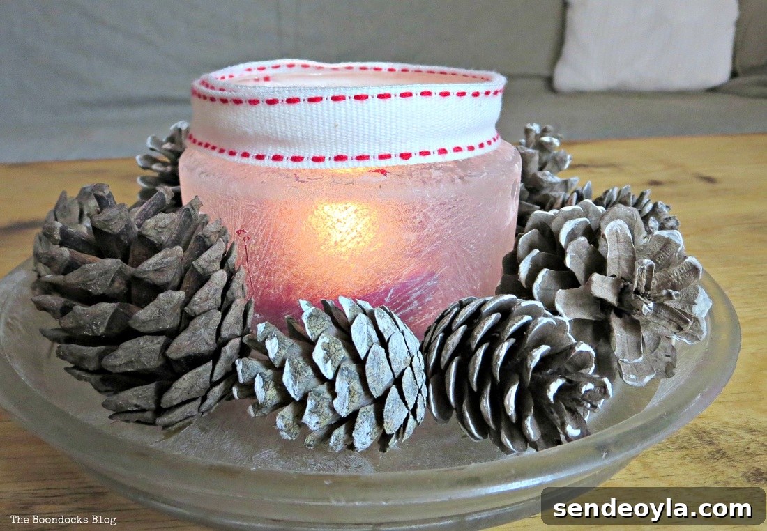  cenerpiece tea light decorated with pine cones and crystal ice spray, the snow spray that wasn't - the boondocks blog