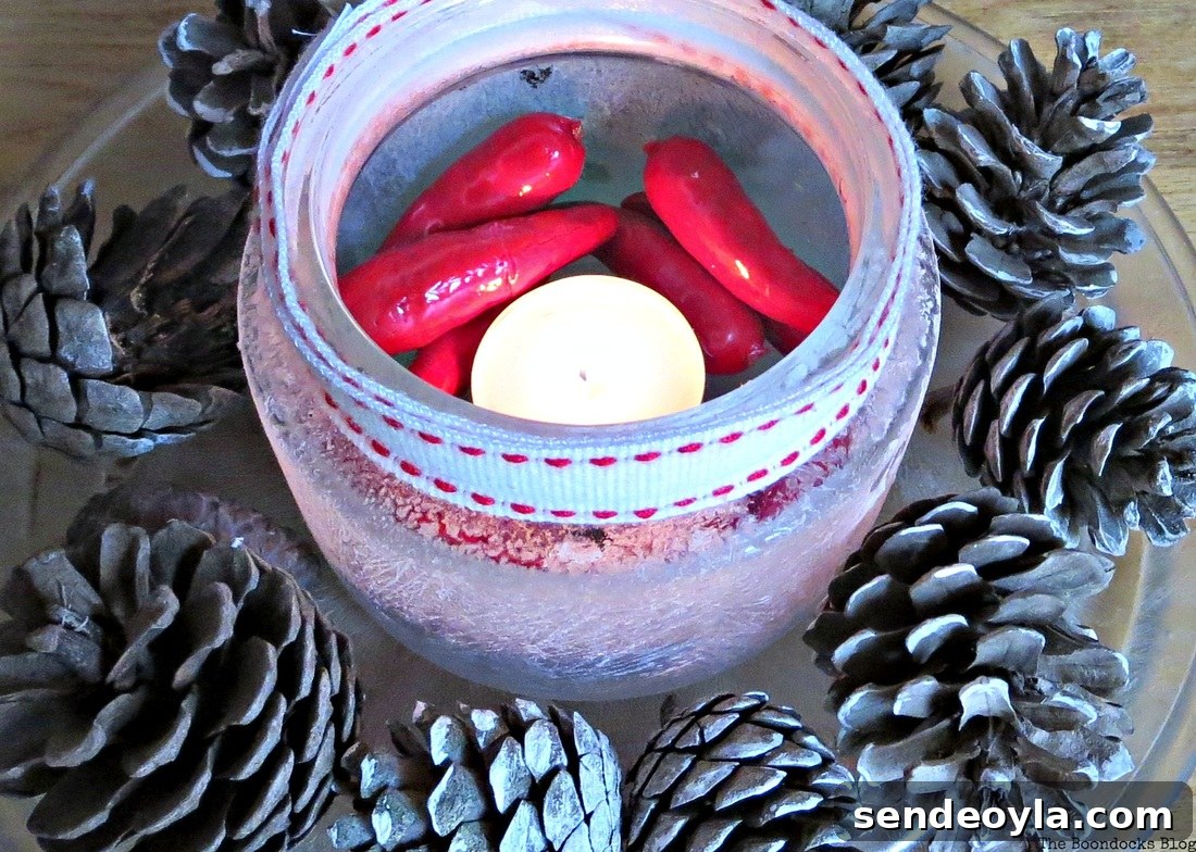 Tea light centerpiece decorated with pine cones and peppers and sprayed with crystal ice, the snow spray that wasn't - the boondocks blog