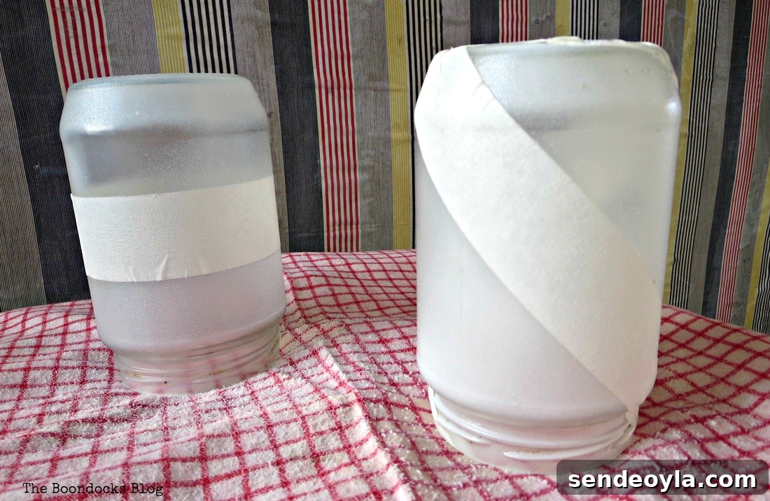 Jars with masking tape and sprayed with crystal ice, the snow spray that wasn't - the Boondocks Blog