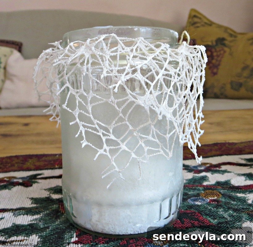 Tea light decorated with crystal ice spray and lace, the snow spray that wasn't - the boondocks blog