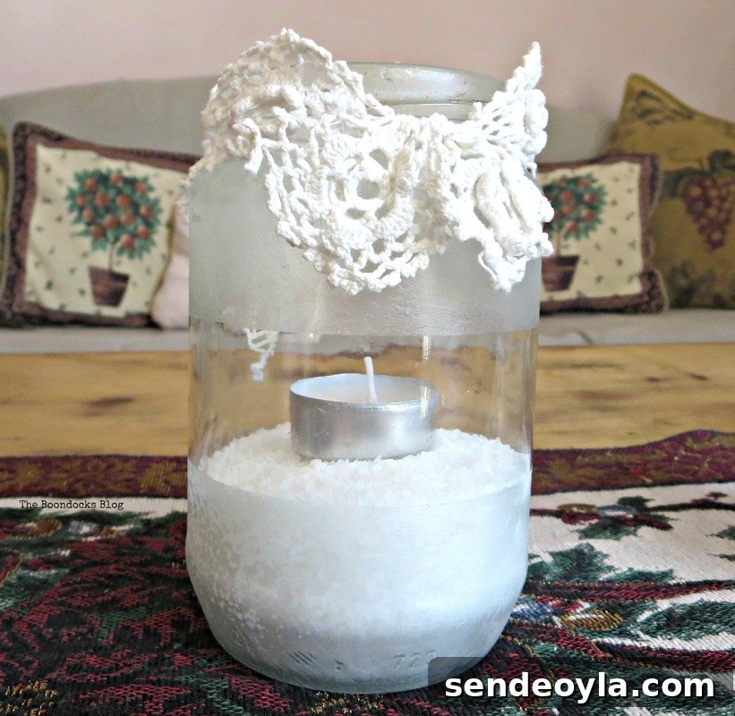 Tea light decorated with crystal ice spray and crochet lace, the snow spray that wasn't - the boondocks blog