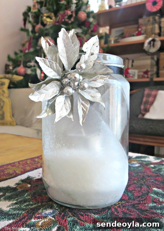Tea light decorated with crystal ice spray and silver flower, the snow spray that wasn't - the boondocks blog