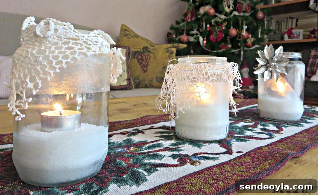 Three lit tea lights decorated with crystal ice spray and lace. the snow spray that wasn't - the boondocks blog