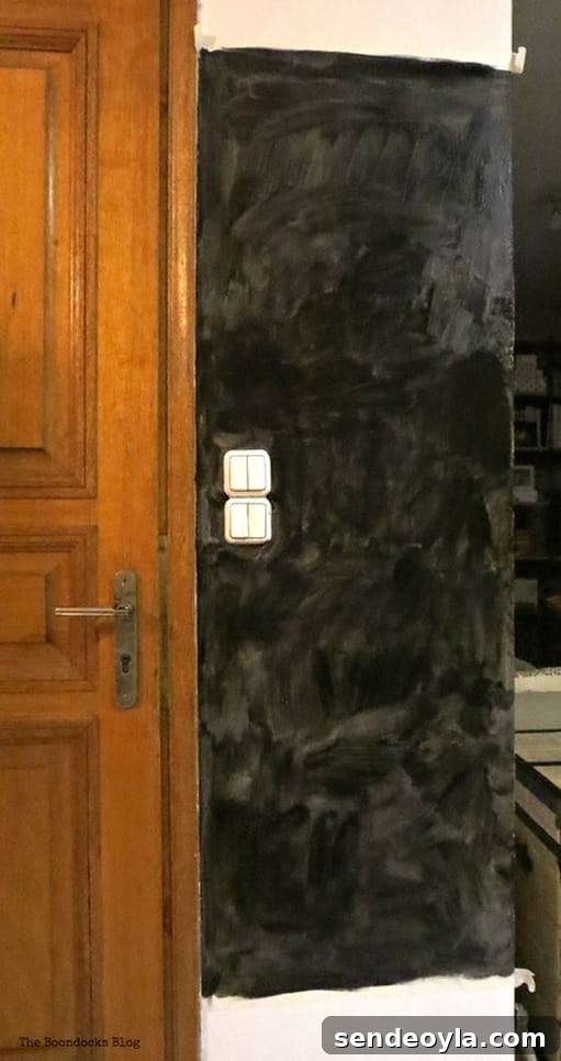 Blackboard wall with one coat of paint, Seeing black www.theboondocksblog.com