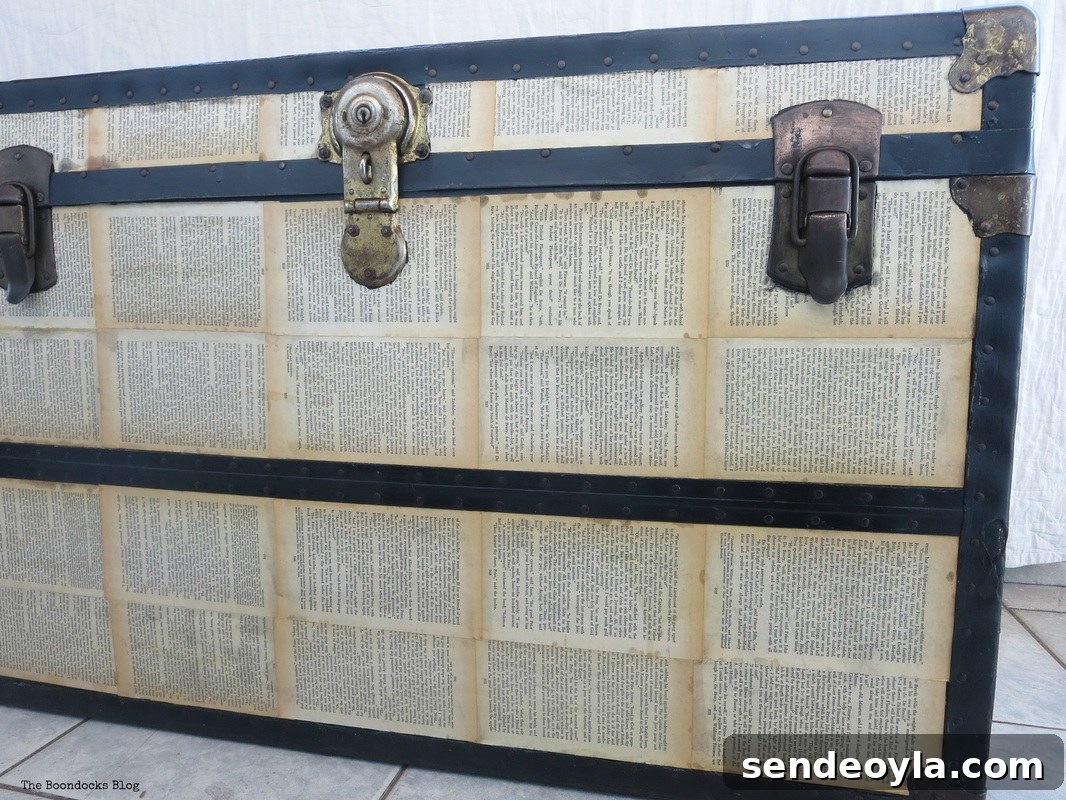 DIY Metal Trunk Makeover with Vintage Book Pages 12 The chivalrous trunk, decoupage The chivalrous Trunk www.theboondocksblog.com
